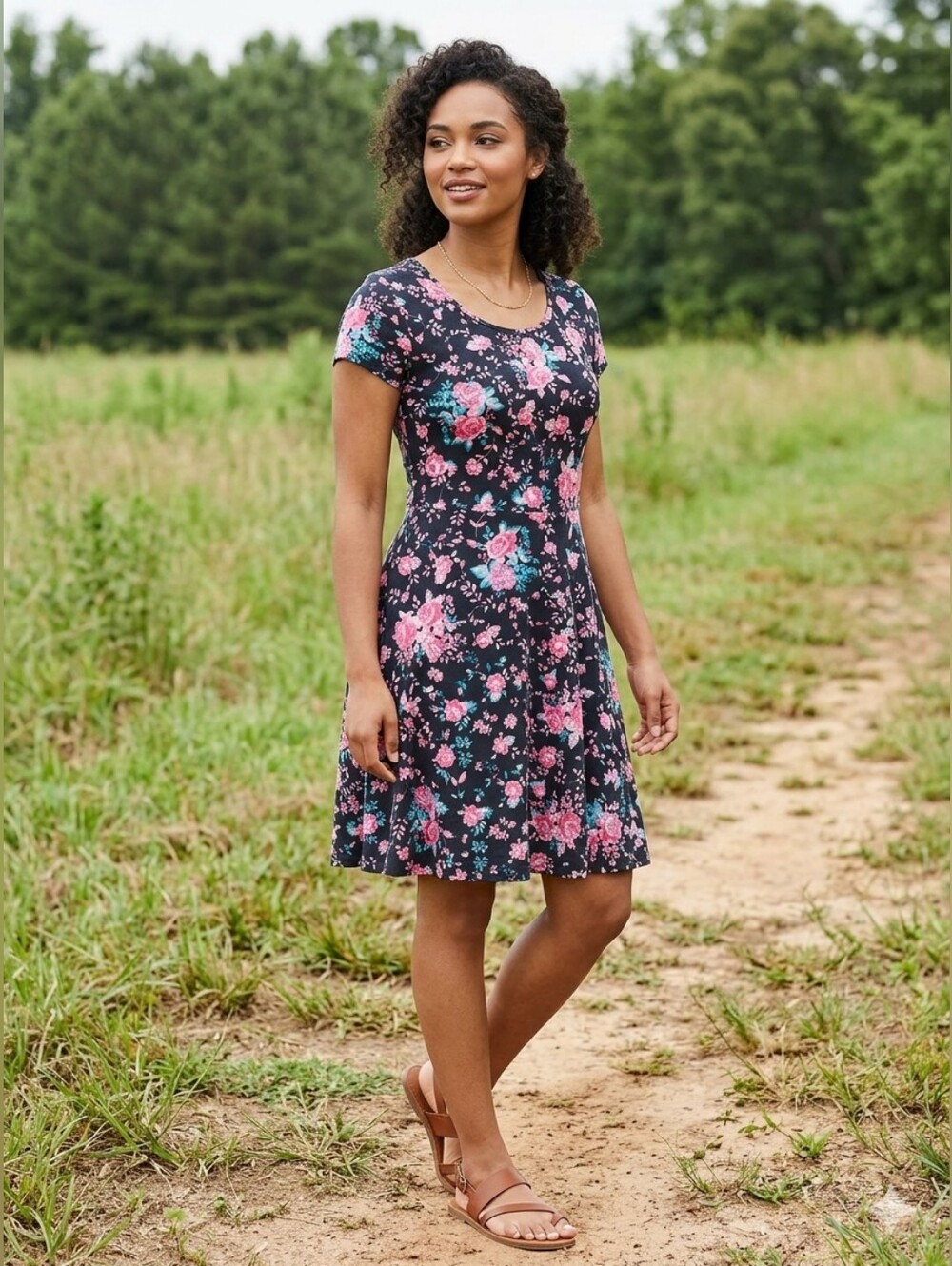City Streets Black Floral Cap-Sleeve Dress with Pink Roses Girls Size S 7/8